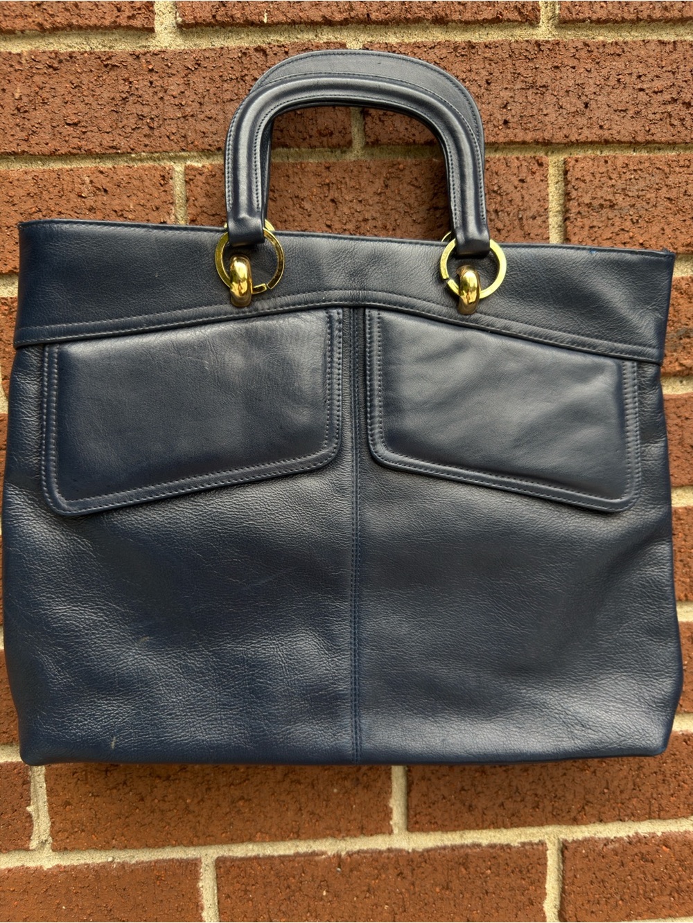 Structured Navy Leather Tote with Gold Ring Handles